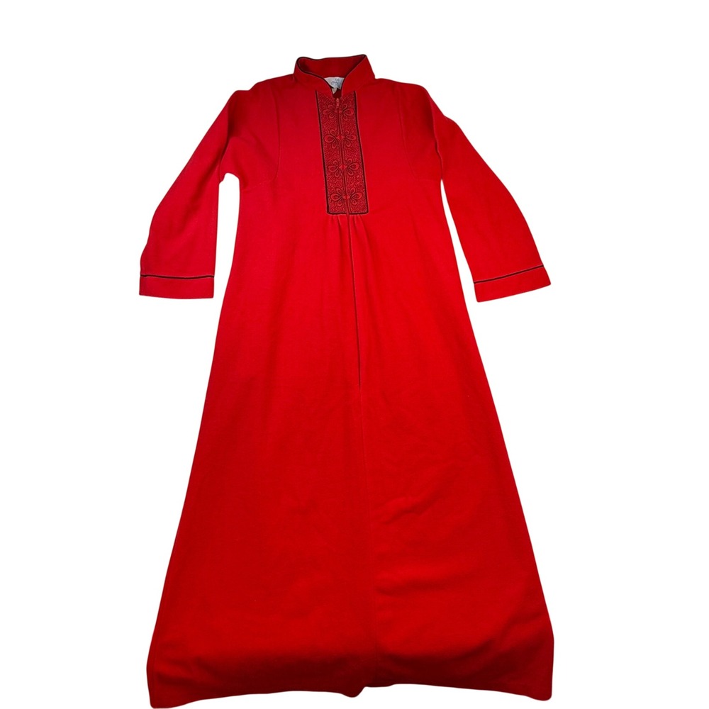 Vtg Sears At Home Red Fleece Caftan Robe LONG Embroidered M houseboat grannycore